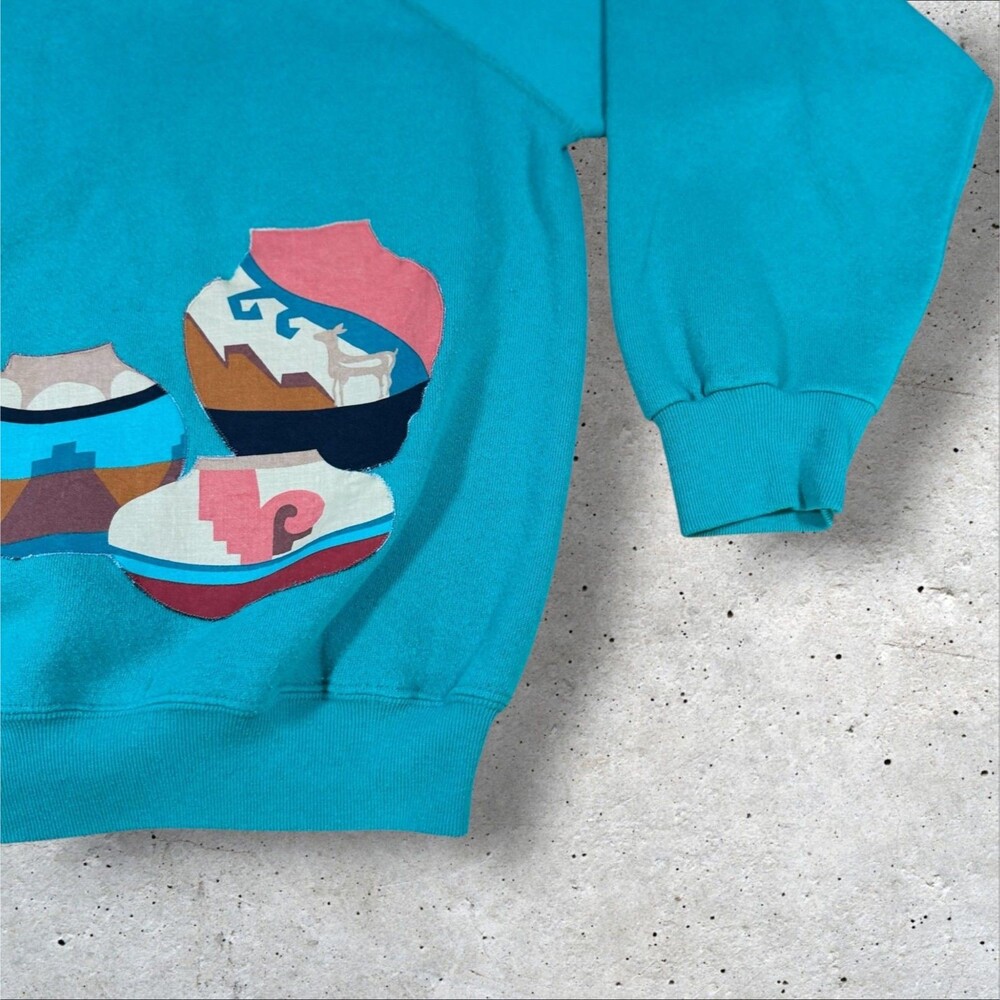 Vtg 90s Tultex Maximum Sweats Southwest Pottery Puff Print XL USA Turquoise - Picture 7 of 9